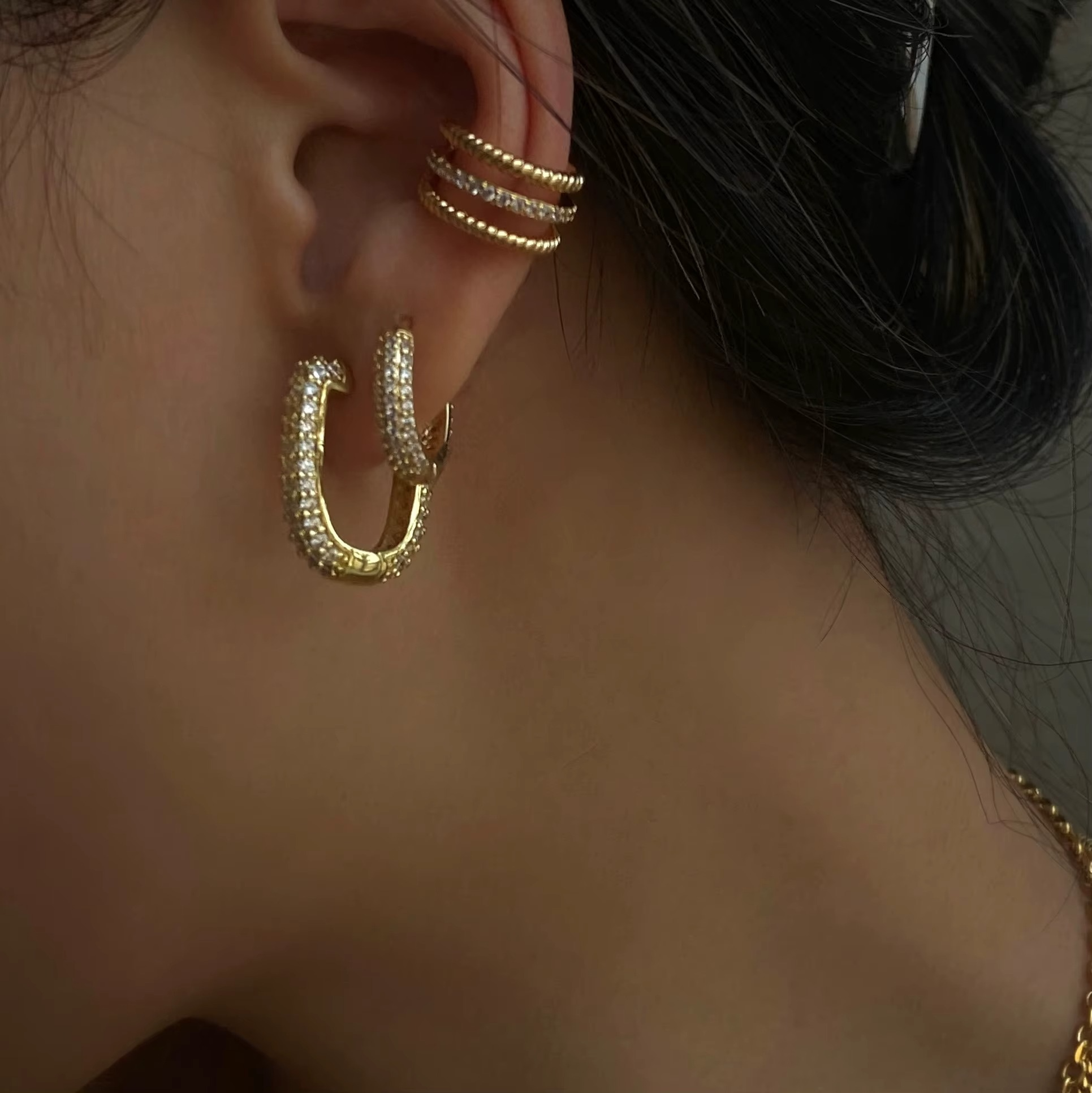 Geometric Gold-Plated Stainless Steel Hoop Earrings with Zircon