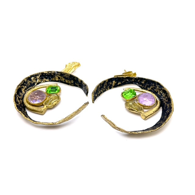 Cosmic Loop Earrings – Brass with Pink, Green & Yellow Crystals