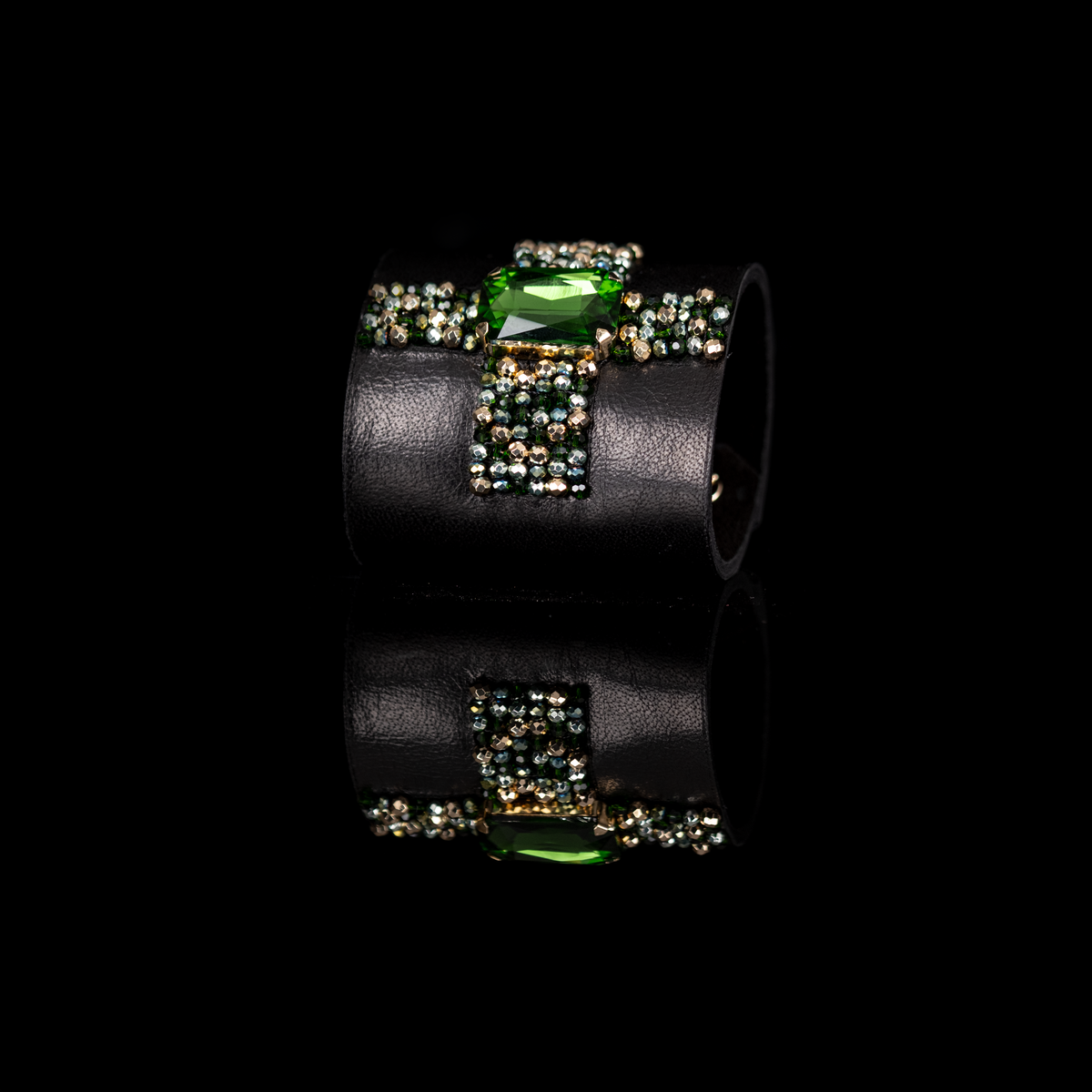 Crystal Ribbon Emerald Leather Cuff by The Dark Atelier