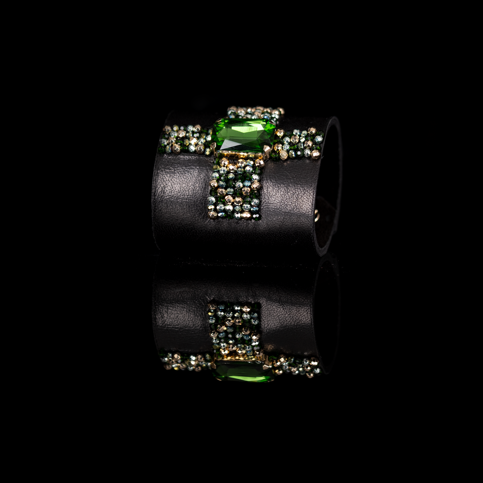 Crystal Ribbon Emerald Leather Cuff by The Dark Atelier