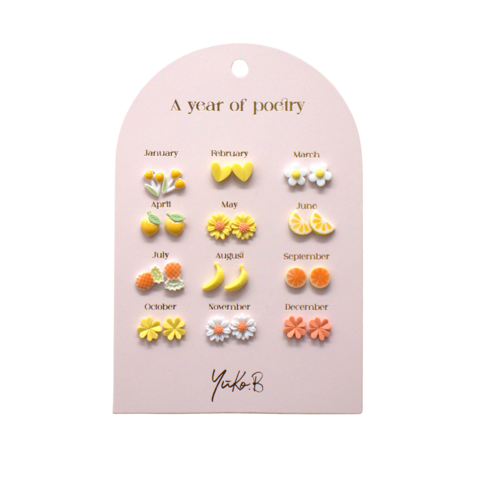 Yellow themed kids earrings set with stainless steel posts and ceramic details, 12 pairs
