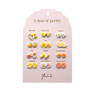 Yellow themed kids earrings set with stainless steel posts and ceramic details, 12 pairs
