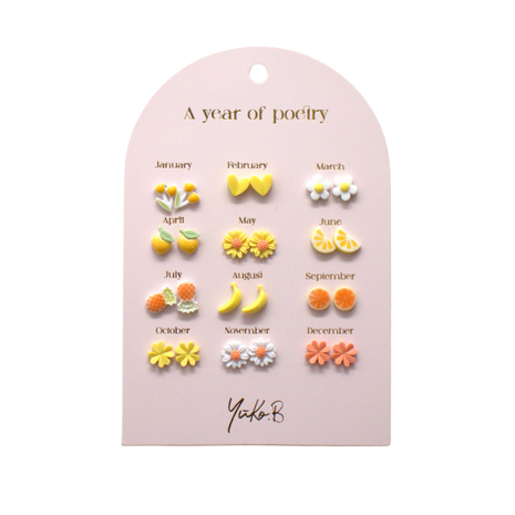 Yellow themed kids earrings set with stainless steel posts and ceramic details, 12 pairs
