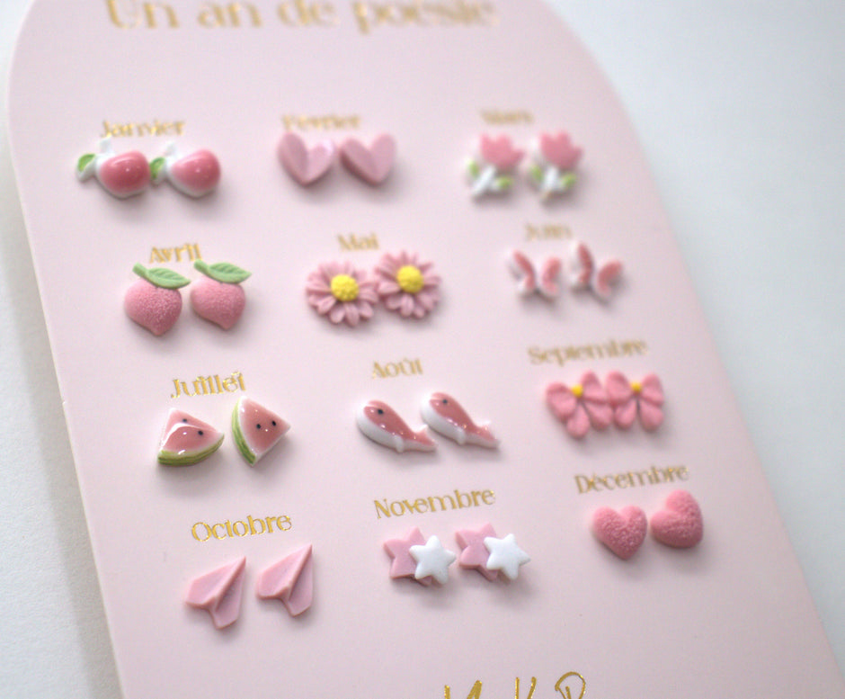 Yuko-B Kids Ceramic Stud Earrings Set – Pink Motifs (12 Pairs)
