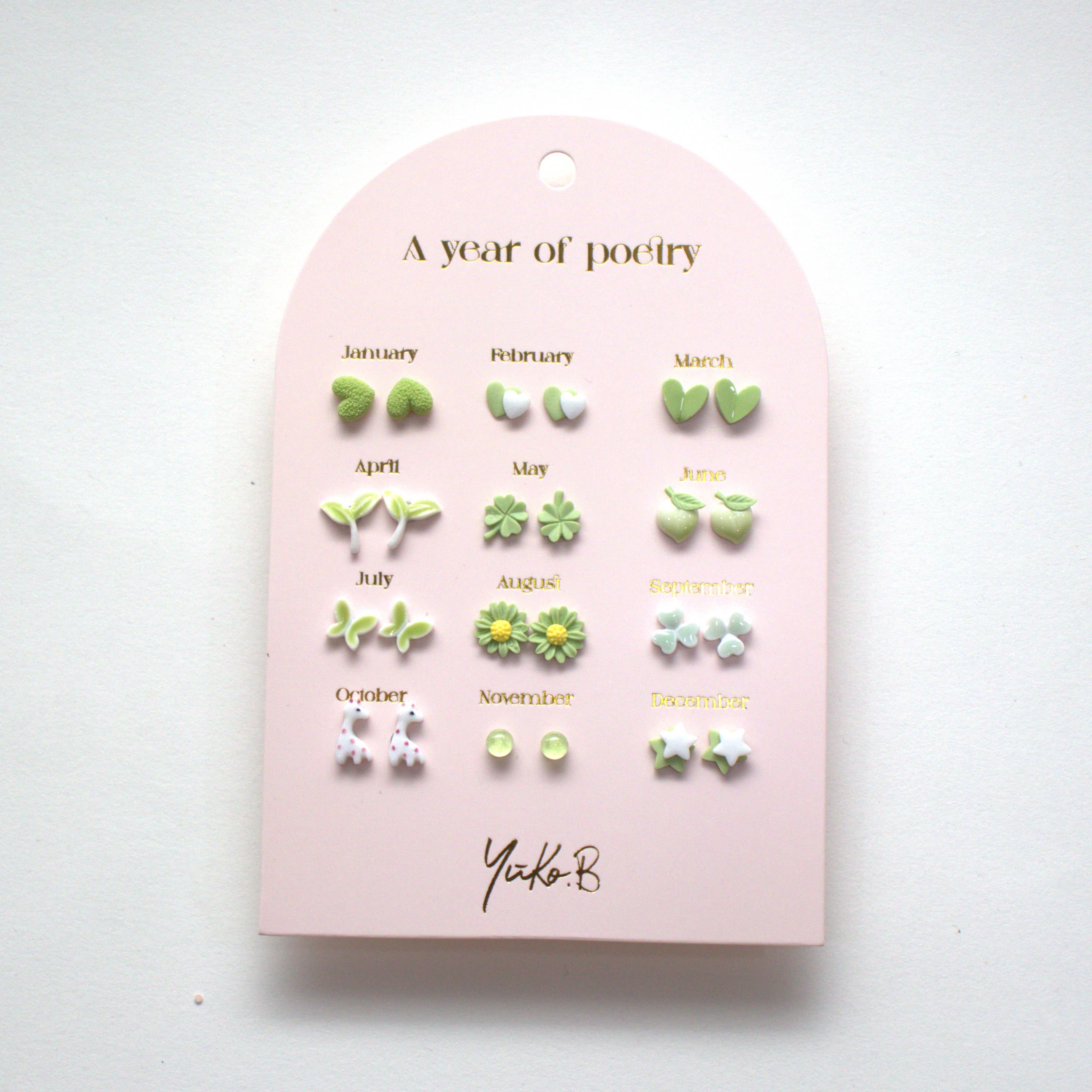 A Year of Green Poetry – 12-Pair Ceramic Earrings in Nature-Inspired Tones (Nickel-Free)