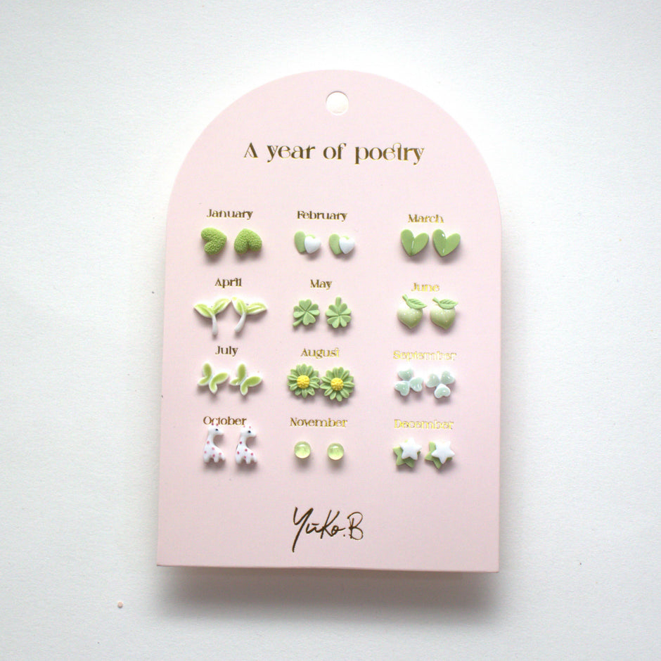 Kids Stud Earrings Set with Green & White Ceramic Motifs in Stainless Steel