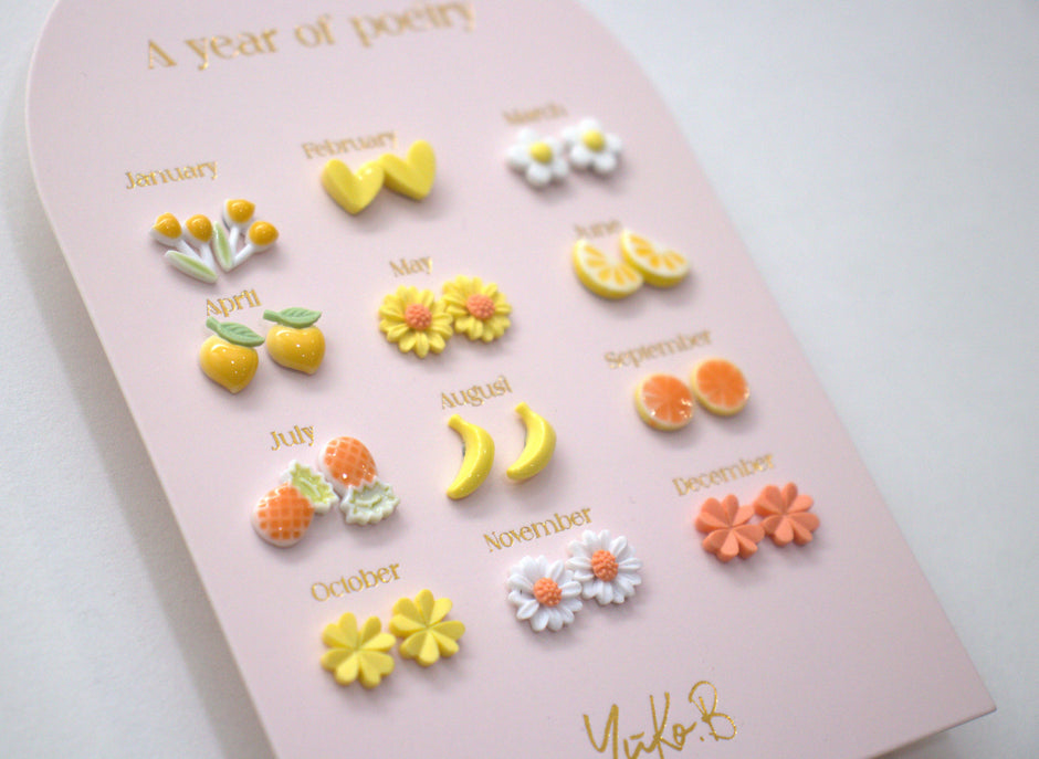 Yuko-B Kids Ceramic Stud Earrings Set – Yellow Motifs (12 Pairs)