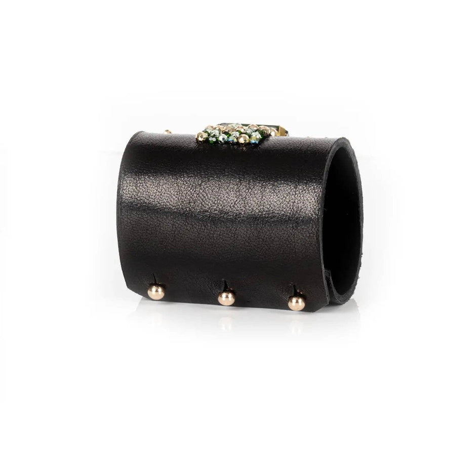 Crystal Ribbon Emerald Leather Cuff by The Dark Atelier – view 3