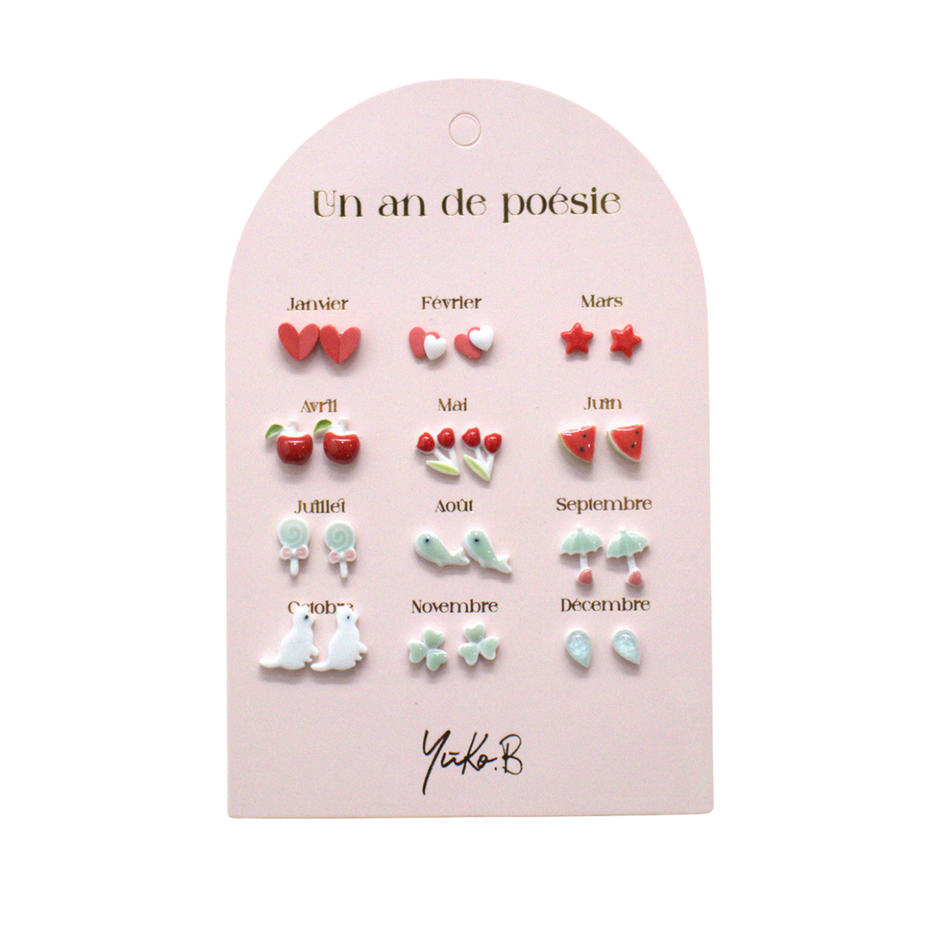 "A Year of Poetry" 12-Piece Red Ceramic Stud Earring Collection