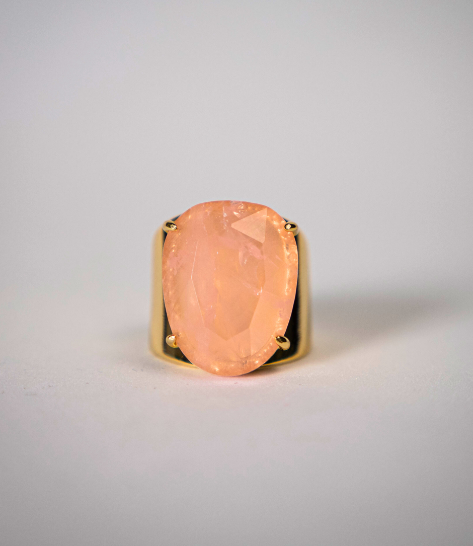 Adjustable Oval-Cut Natural Stone Ring in Gold-Plated Bronze