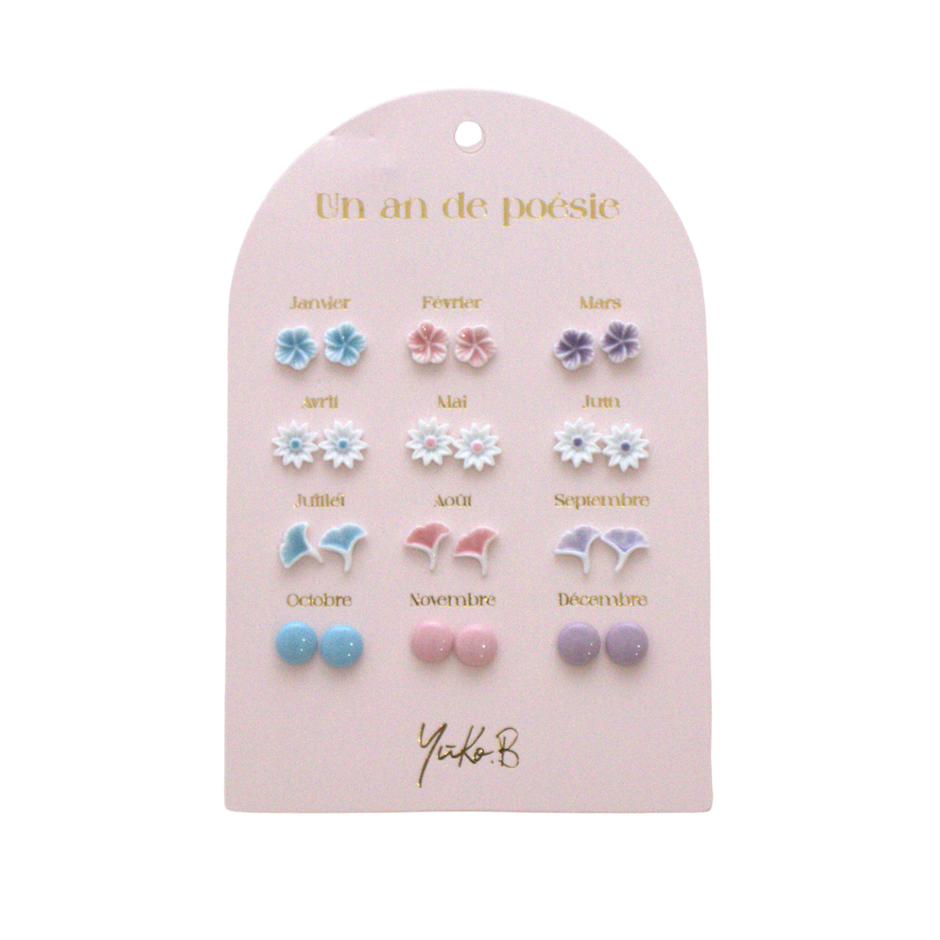 Pastel stainless steel earrings set for kids with ceramic details, 12 pairs
