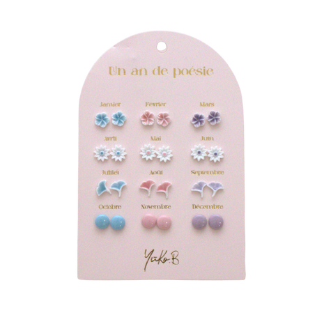 Pastel stainless steel earrings set for kids with ceramic details, 12 pairs
