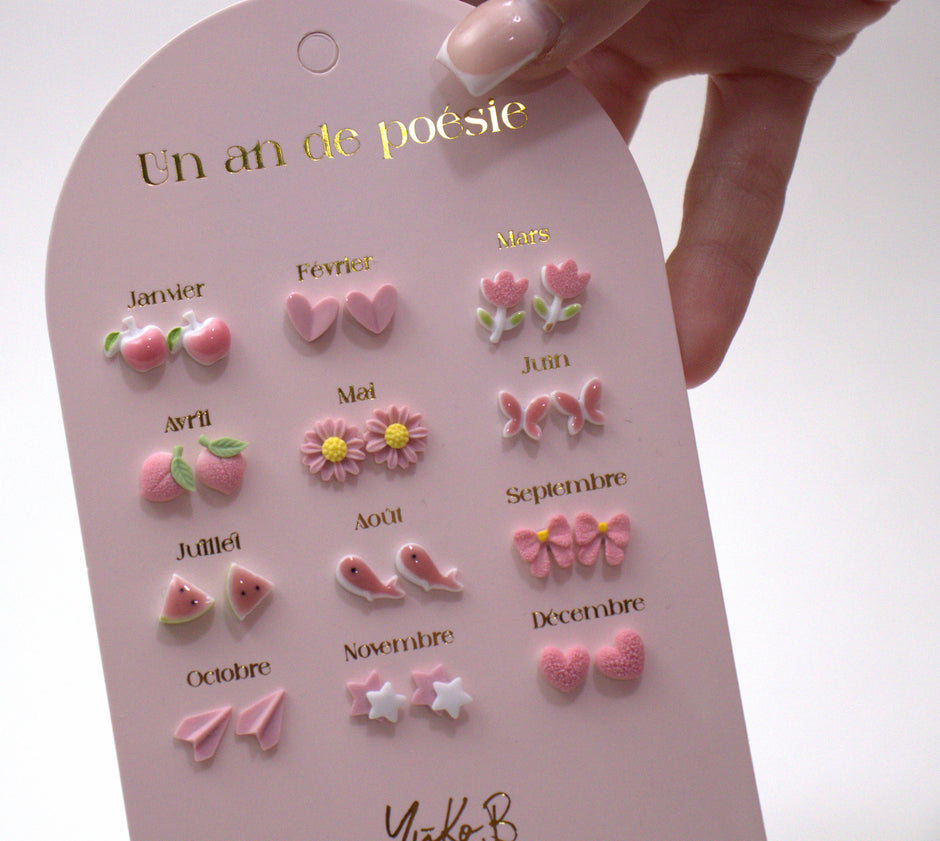 Yuko-B Kids Ceramic Stud Earrings Set – Pink Motifs (12 Pairs)