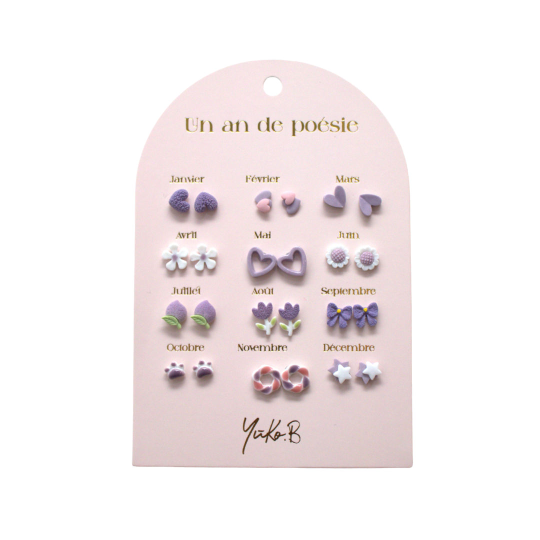 A Year of Parma Poetry – 12-Pair Ceramic Earrings in Purple Tones (Nickel-Free)