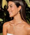 Pink Crystal Teardrop Necklace with Golden Zircon Cross Pendant