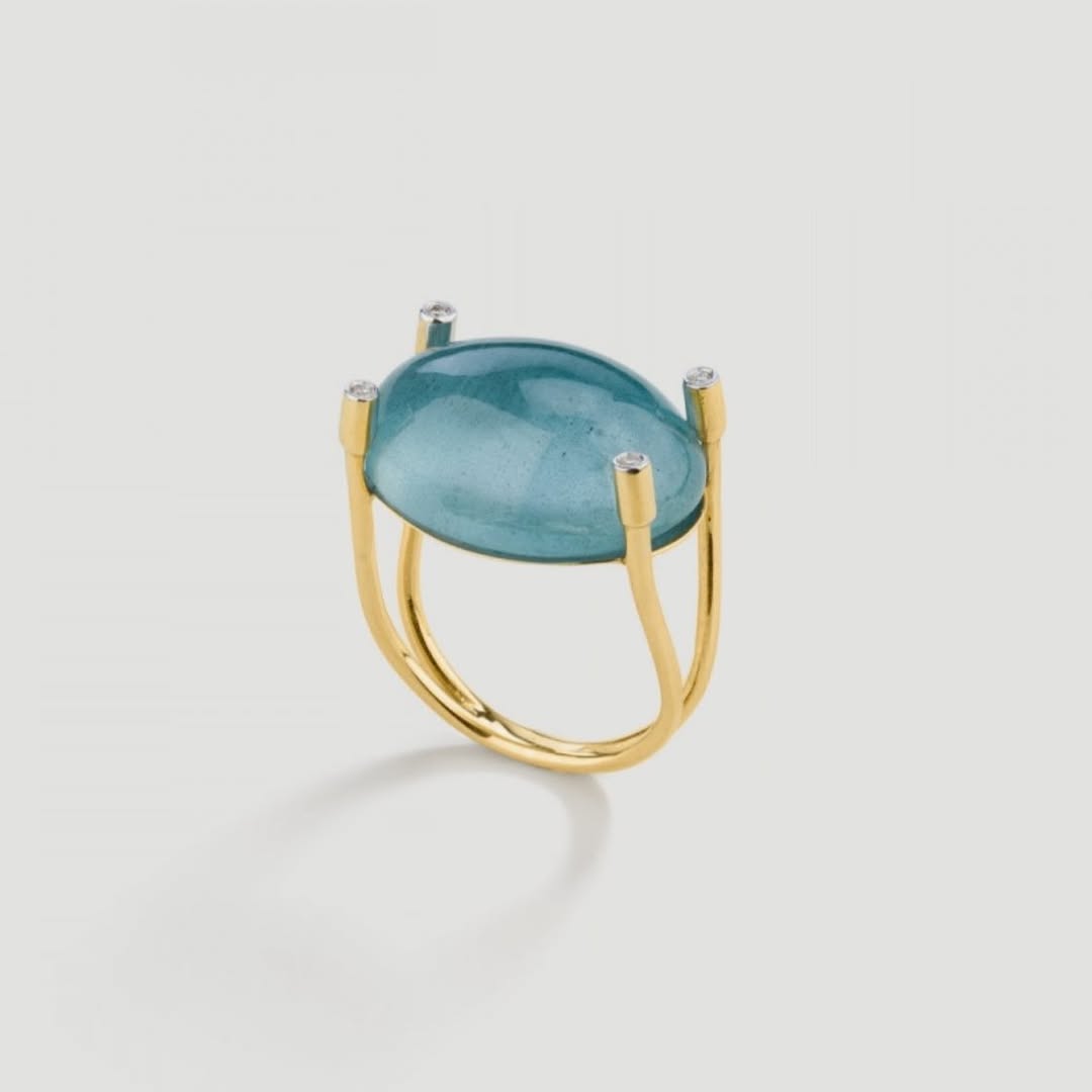 Enotia 18K gold aquamarine and diamond ring handmade in Greece