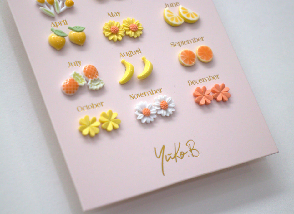 Yuko-B Kids Ceramic Stud Earrings Set – Yellow Motifs (12 Pairs)