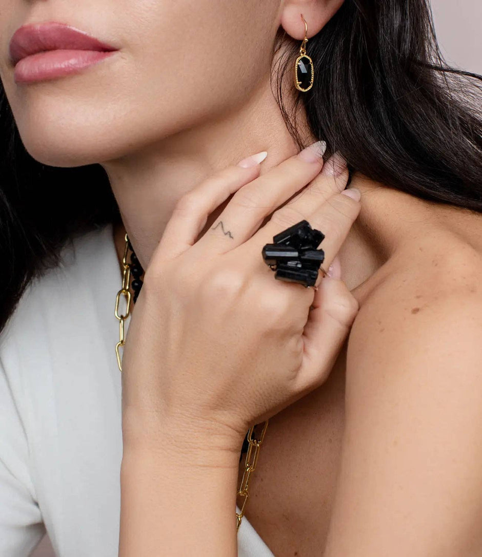 Natural Raw Black Tourmaline Adjustable Ring | Gold or Silver Plated