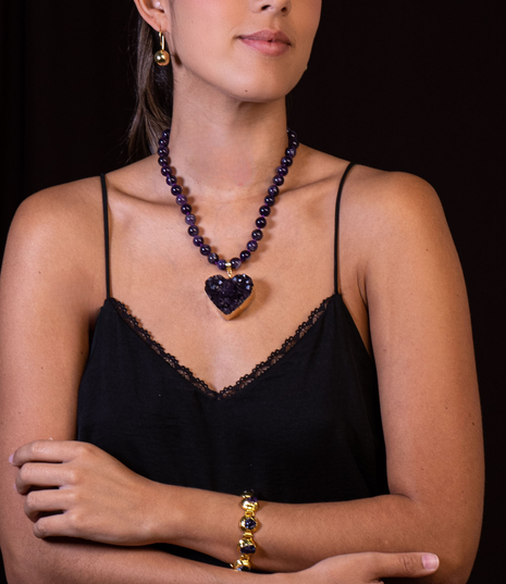 Amethyst Heart Statement Necklace - Uruguayan Geode & 8mm Beads