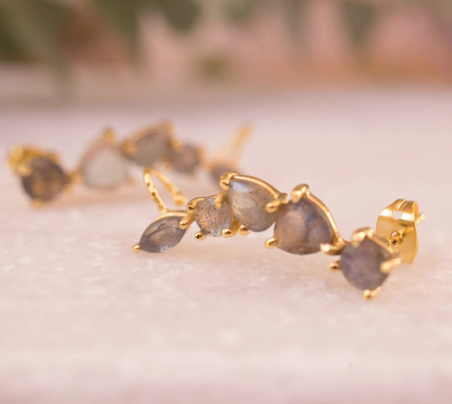 Rainbow Labradorite Ear Climber Earrings | 18K Gold Plated Sterling Silver Earrings