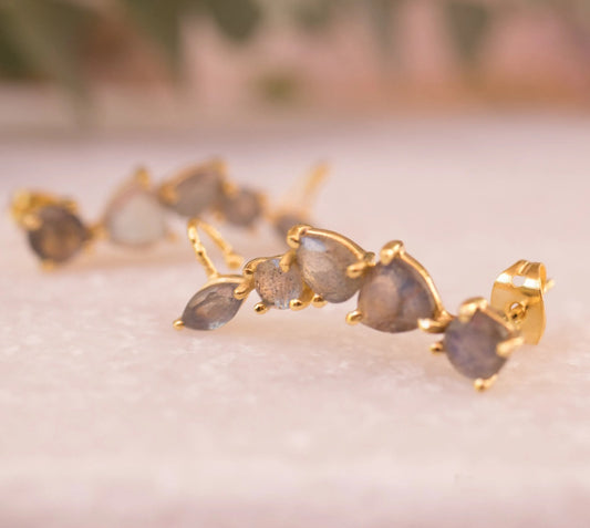 Rainbow Labradorite Ear Climber Earrings | 18K Gold Plated Sterling Silver Earrings