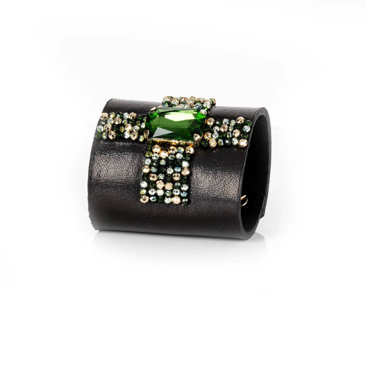 Crystal Ribbon Emerald Leather Cuff by The Dark Atelier – view 2