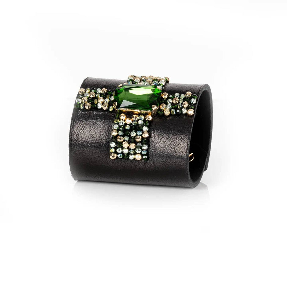Crystal Ribbon Emerald Leather Cuff by The Dark Atelier – view 2