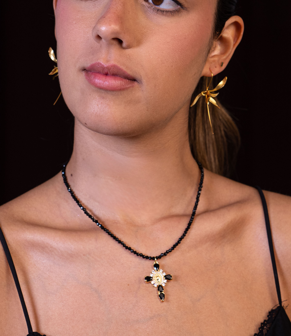 Faceted Black Tourmaline Choker | 18K Gold-Plated Zirconia Cross