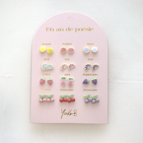 Kids Stud Earrings Set with Fruit-Shaped Ceramic Motifs in Stainless Steel