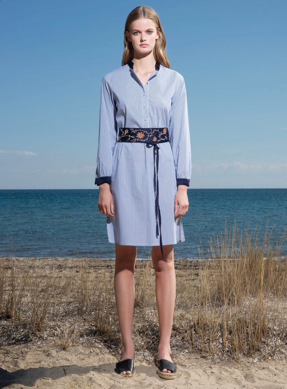 LEMNOS Blue & White Striped Shirt Dress with Embroidered Belt