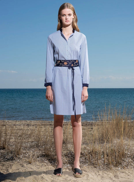 LEMNOS Blue & White Striped Shirt Dress with Embroidered Belt