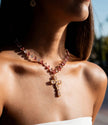 Pink Crystal Teardrop Necklace with Golden Zircon Cross Pendant