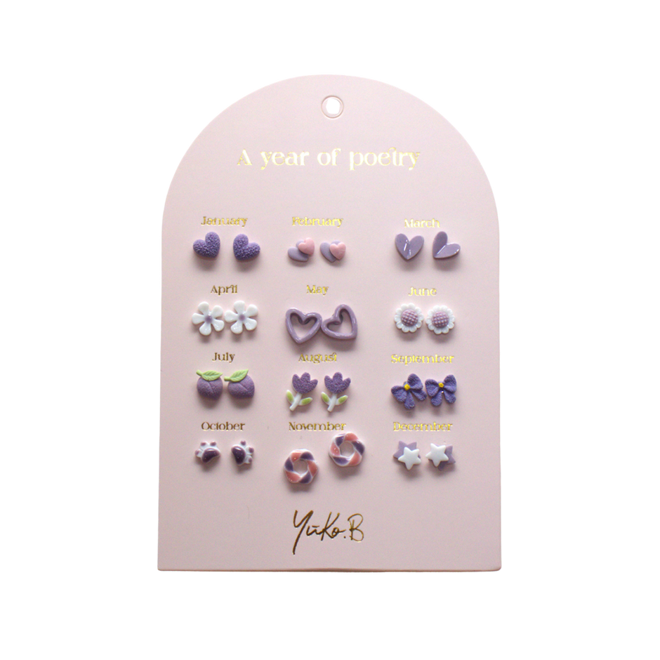 Yuko-B Kids Ceramic Stud Earrings Set – Purple Motifs (12 Pairs)