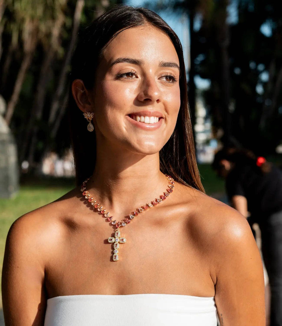 Pink Crystal Teardrop Necklace with Golden Zircon Cross Pendant