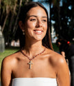 Pink Crystal Teardrop Necklace with Golden Zircon Cross Pendant