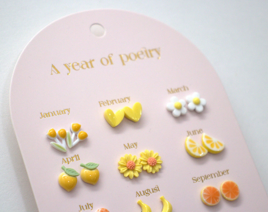 Yuko-B Kids Ceramic Stud Earrings Set – Yellow Motifs (12 Pairs)