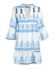 White & Blue Embroidered Cotton Tunic Dress