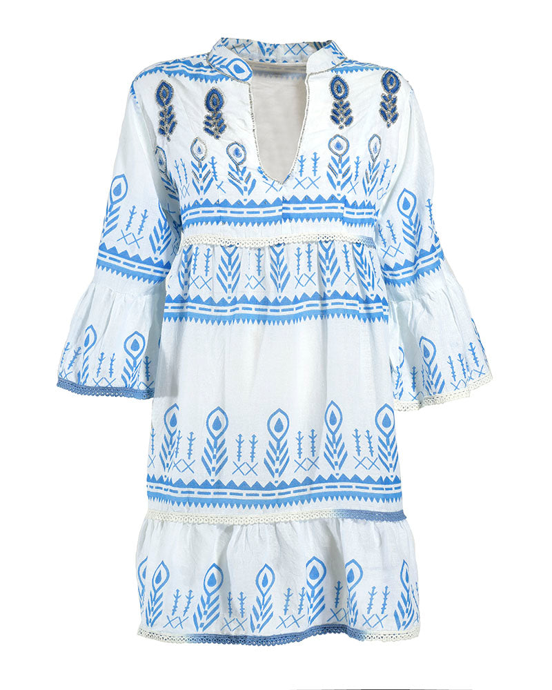 White & Blue Embroidered Cotton Tunic Dress