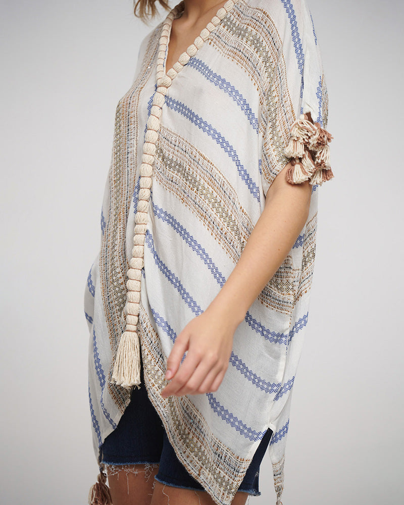 Striped Cotton-Viscose Tassel Kaftan