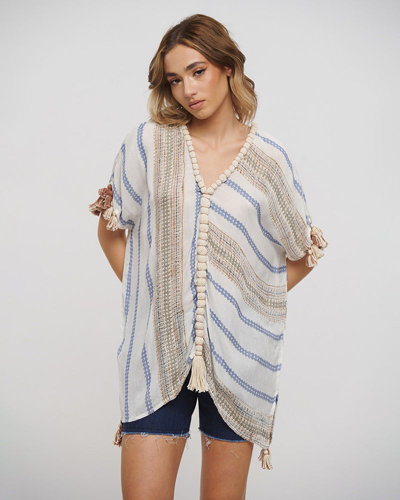 Striped Cotton-Viscose Tassel Kaftan