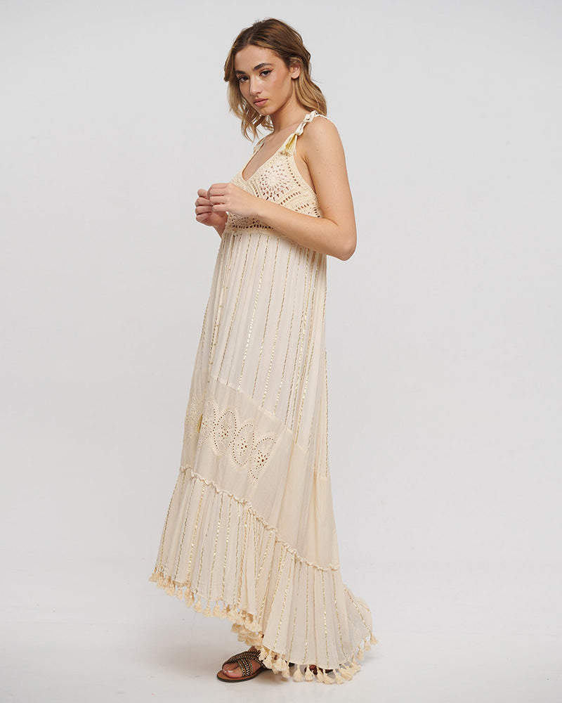 Boho Cotton Crochet Maxi Dress – Natural
