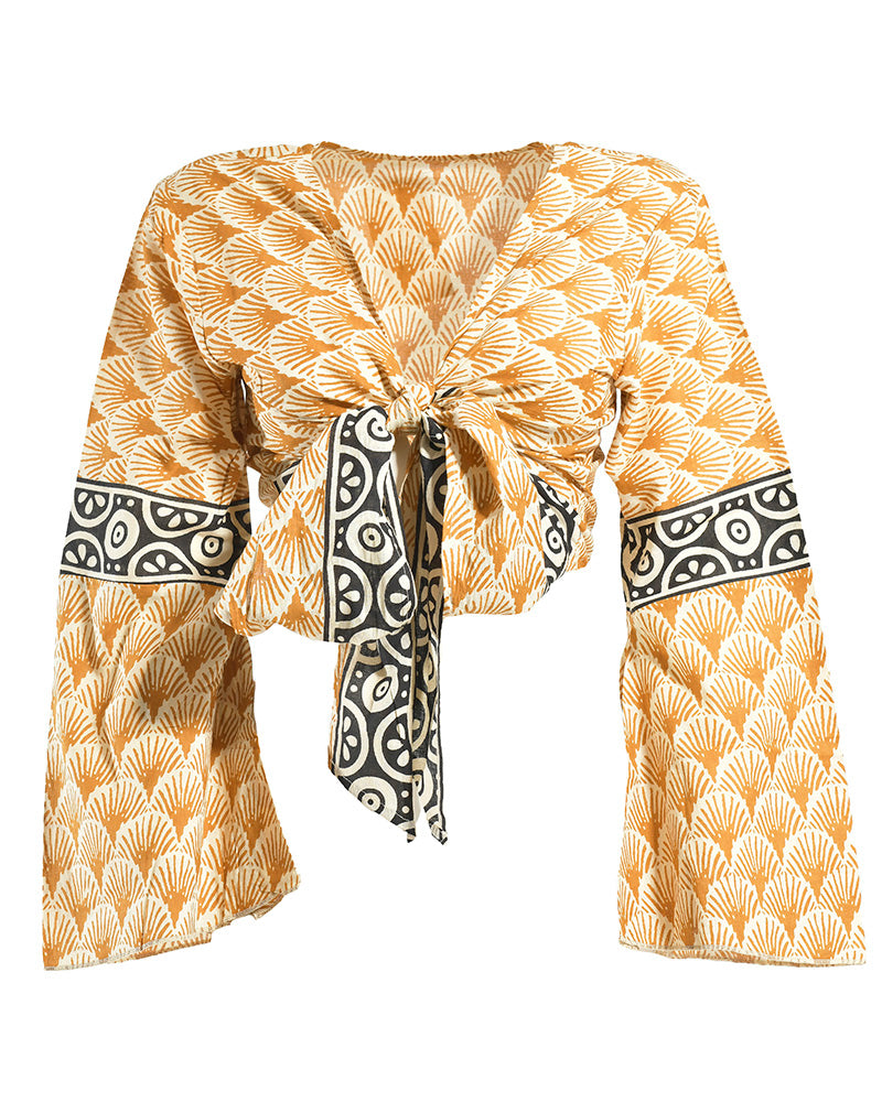 Boho Printed Cotton Tie-Front Top