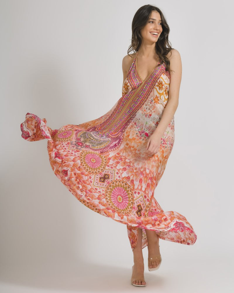 Boho Printed Viscose-Modal Maxi Halter Dress