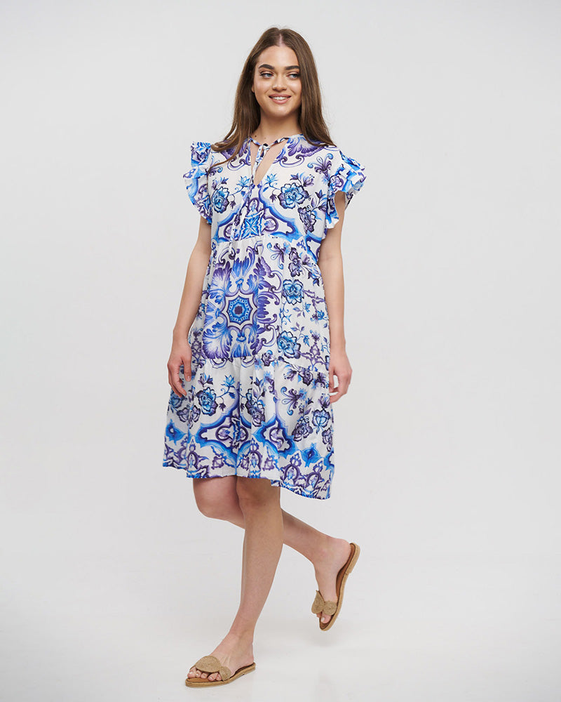 Blue Tile Print Linen Dress