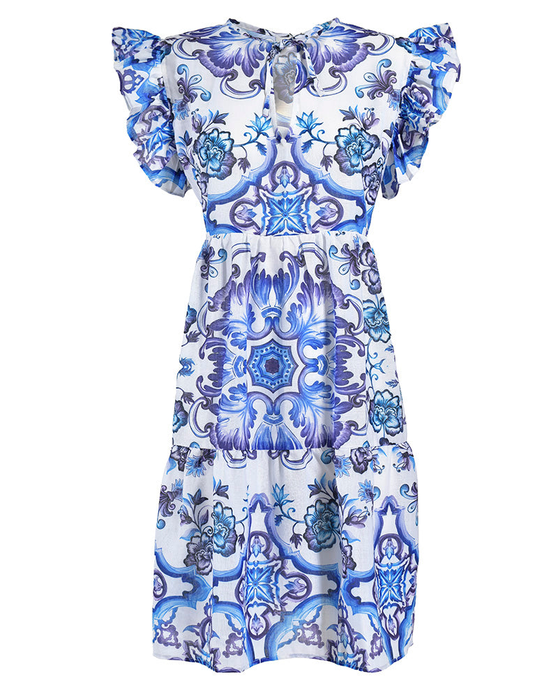 Blue Tile Print Linen Dress