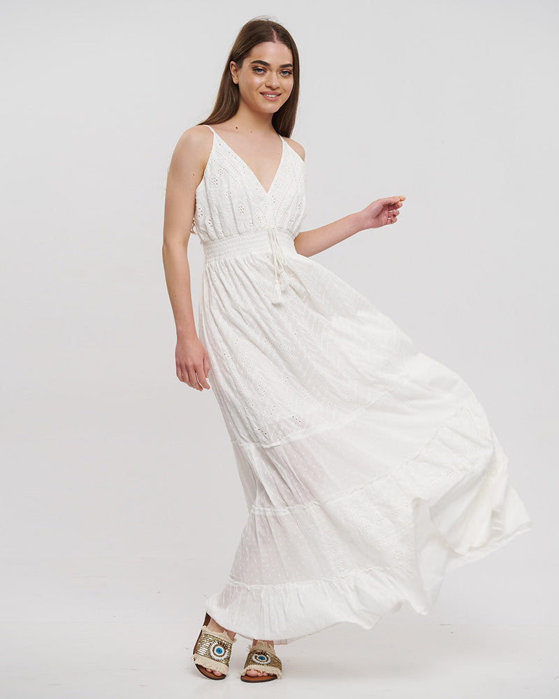 White Cotton Broderie Maxi Dress