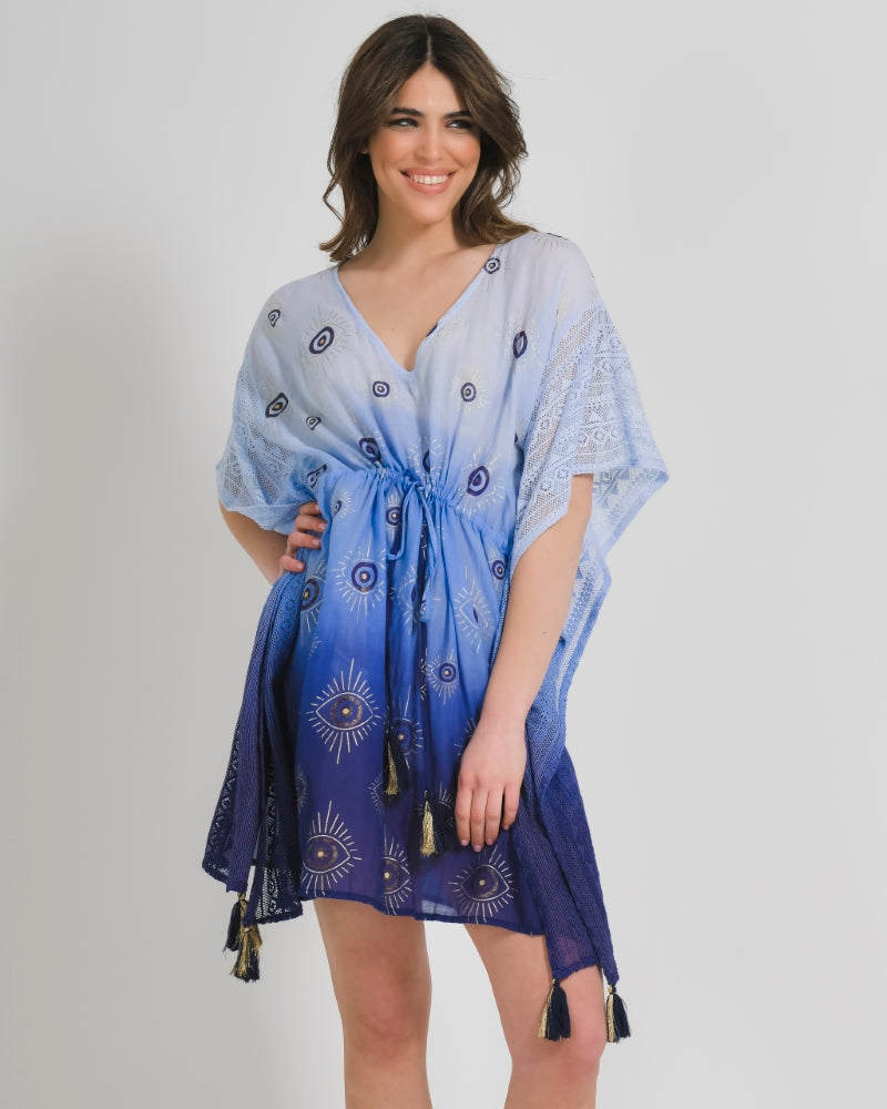 Blue Cotton Evil Eye Tassel Kaftan