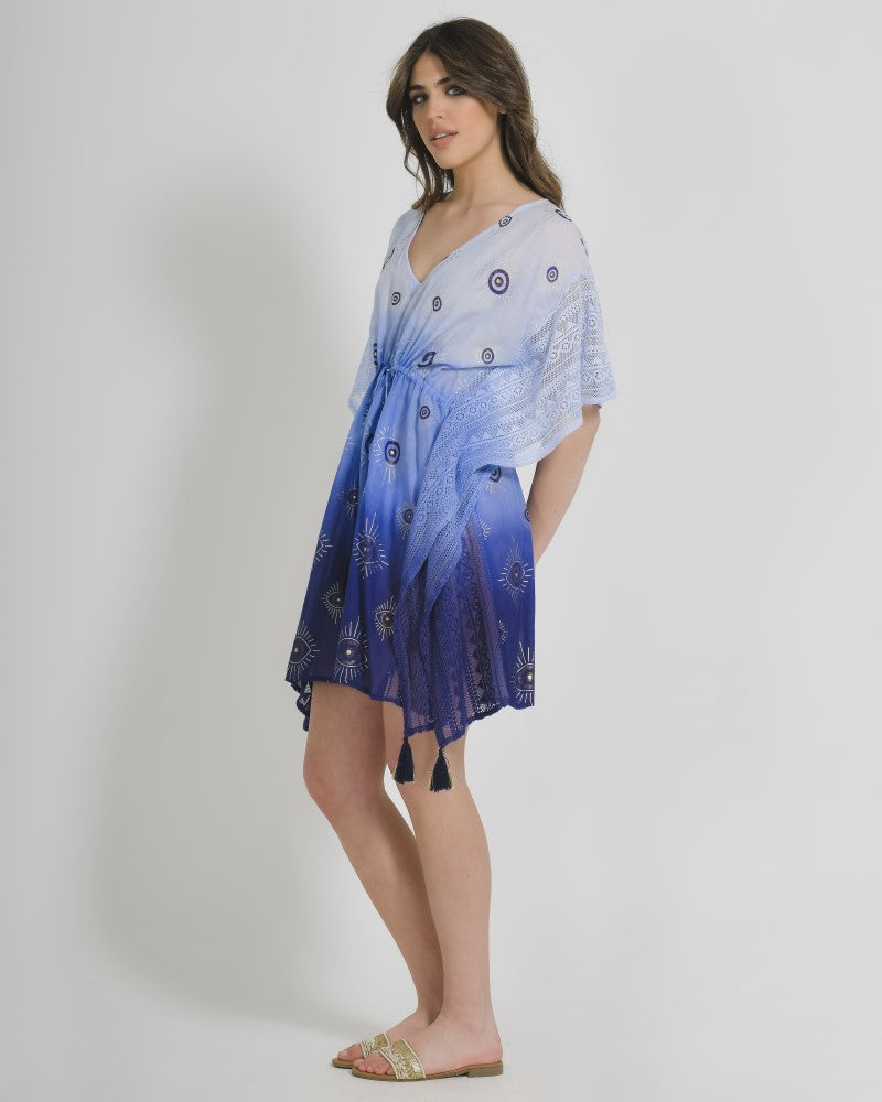Blue Cotton Evil Eye Tassel Kaftan