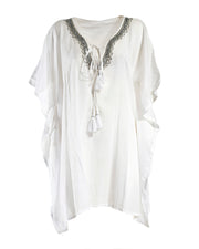 White Embroidered Cotton Kaftan with Tassels