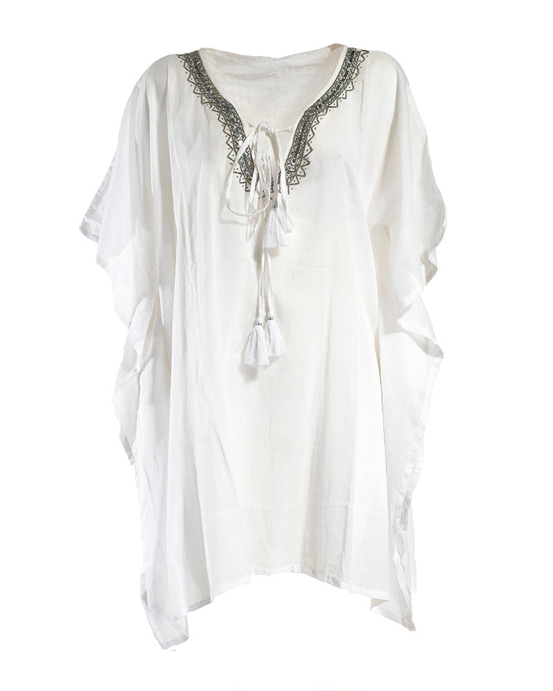 White Embroidered Cotton Kaftan with Tassels